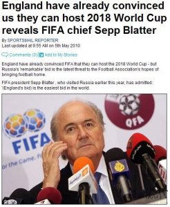 布拉特看好英格蘭申辦世界杯 俄羅斯是最大敵人