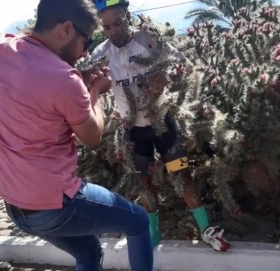 男子騎車(chē)失控摔入仙人掌叢